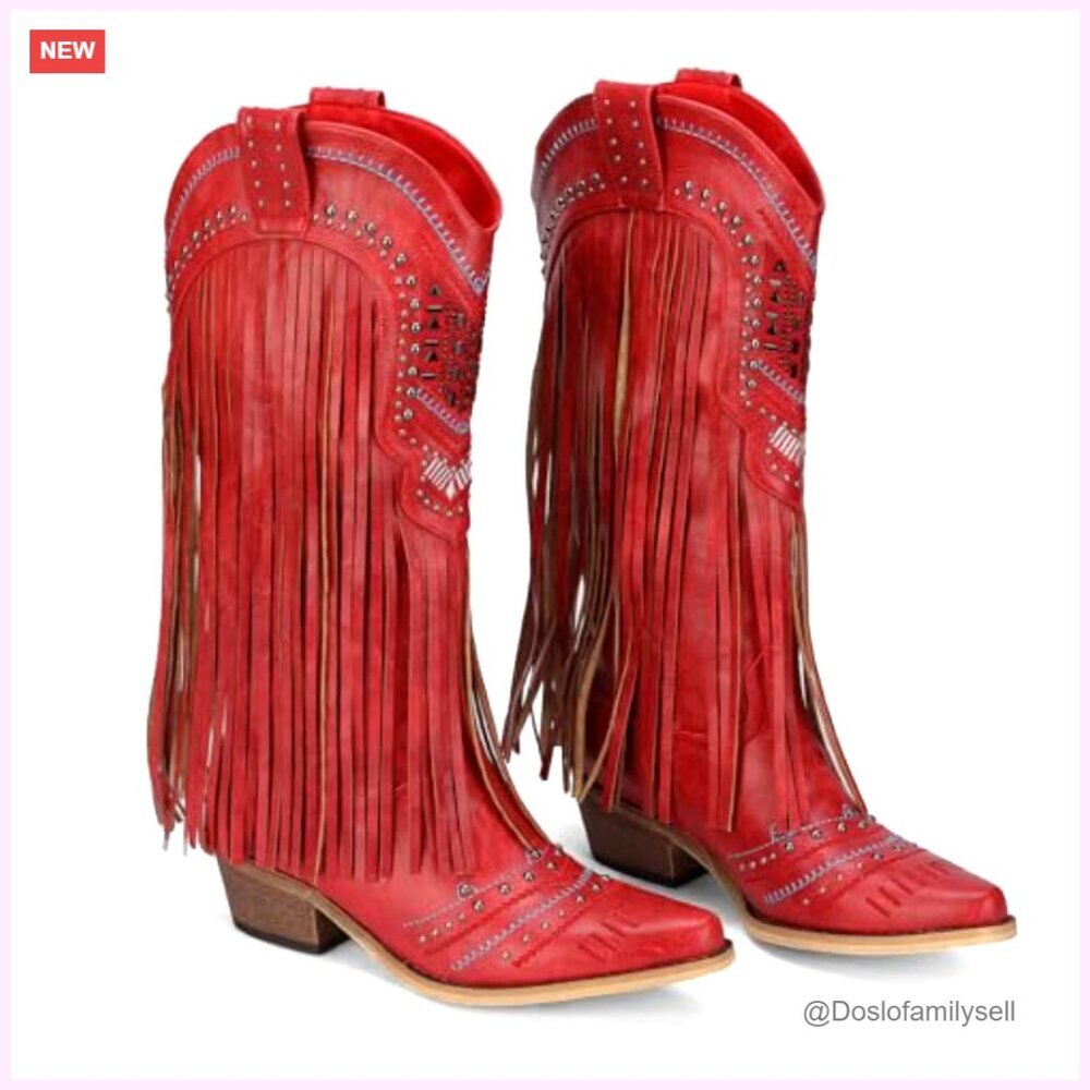 Women's Western Boots Chunky Heel Pointed Toe Knee High Wide Calf - Picture 4 of 7